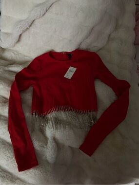 Brand New Size XS Windsor Red Long-Sleeve Fringe Hem Crop Top
